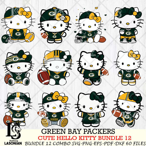 Green Bay Packers Cute Hello Kitty NFL Bundle 12 SVG Svg Eps Dxf Png File, NFL svg, Digital Download, Instant Download