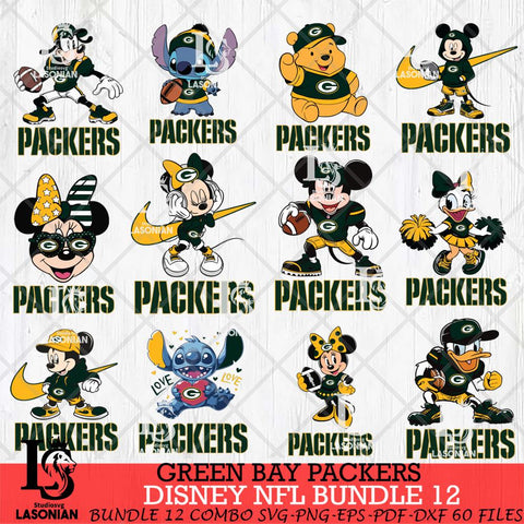Green Bay Packers Disney NFL Bundle Svg PNG 12 Svg Eps Dxf Png File, Digital Download