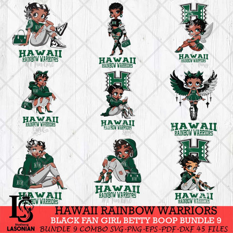 Hawaii Rainbow Warriors Black Fan Girl Betty Boop Bundle 9, Svg Eps Dxf Png File, Digital Download