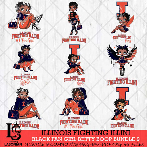 Illinois Fighting Illini Black Fan Girl Betty Boop Bundle 9, Svg Eps Dxf Png File, Digital Download