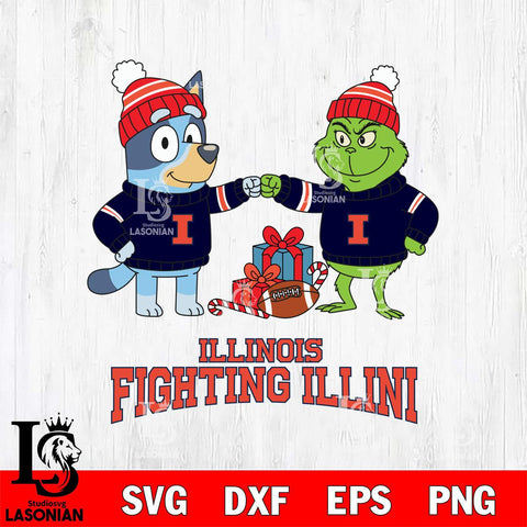 Illinois Fighting Illini Bluey With Grinch Christmas File Cut, NCAA SVG DXF EPS PNG FILE, Digital Download,Instant Download, Silhouette
