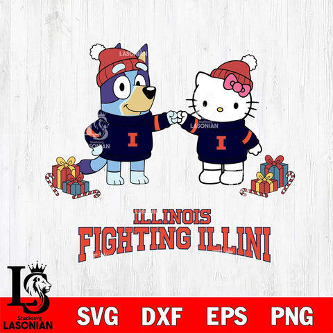 Illinois Fighting Illini Bluey With Hello kitty Christmas File Cut, NCAA SVG DXF EPS PNG FILE, Digital Download,Instant Download, Silhouette