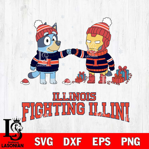 Illinois Fighting Illini Bluey With Iron man Christmas File Cut, NCAA SVG DXF EPS PNG FILE, Digital Download,Instant Download, Silhouette