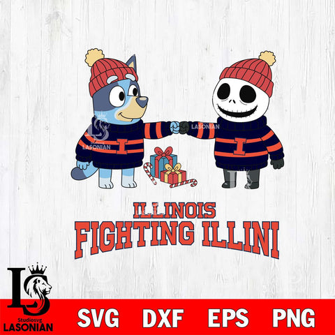 Illinois Fighting Illini Bluey With Jack Skellington Christmas File Cut, NCAA SVG DXF EPS PNG FILE, Digital Download,Instant Download, Silhouette