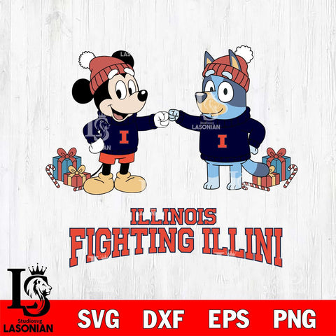 Illinois Fighting Illini Bluey With Mickey Christmas File Cut, NCAA SVG DXF EPS PNG FILE, Digital Download,Instant Download, Silhouette