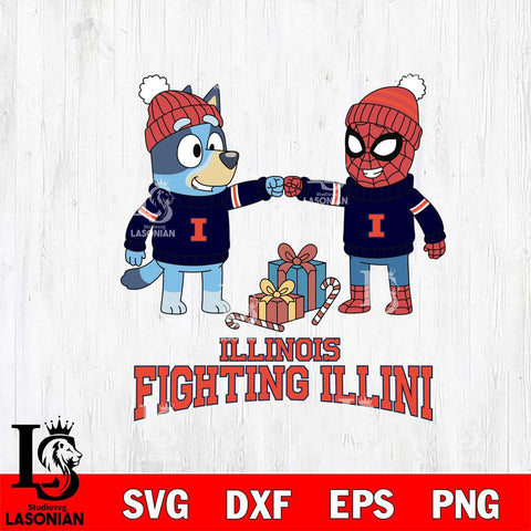 Illinois Fighting Illini Bluey With Spider man Christmas File Cut, NCAA SVG DXF EPS PNG FILE, Digital Download,Instant Download, Silhouette