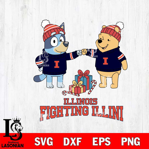 Illinois Fighting Illini Bluey With Winnie The Pooh Christmas File Cut, NCAA SVG DXF EPS PNG FILE, Digital Download,Instant Download, Silhouette