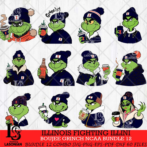 Illinois Fighting Illini Boujee Grinch NCAA Bundle 12 SVG Eps Dxf Png File, Digital Download, Instant Download