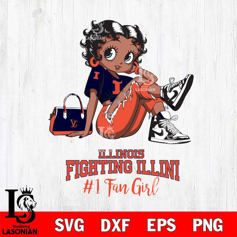 Illinois Fighting Illini #1 Black Fan Girl Betty Boop, Svg Eps Dxf Png File, Digital Download
