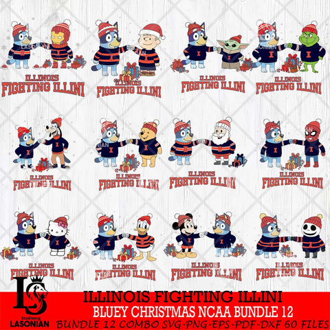 Illinois Fighting Illini  Bluey friends christmas NCAA Bundle File Cut,Bundle NCAA SVG DXF EPS PNG FILE, Digital Download,Instant Download, Silhouette