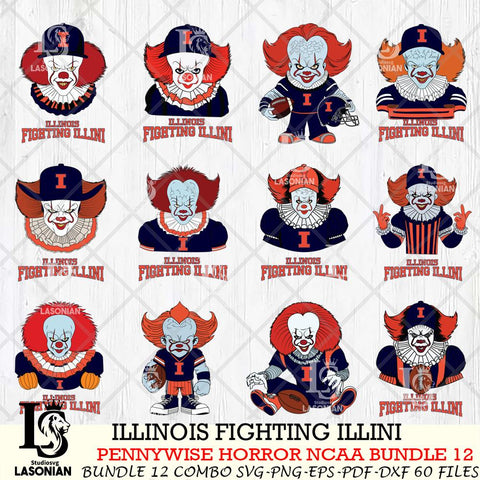 Illinois Fighting Illini  Pennywise Horror NCAA Bundle 12 SVG Svg Eps Dxf Png File, Digital Download