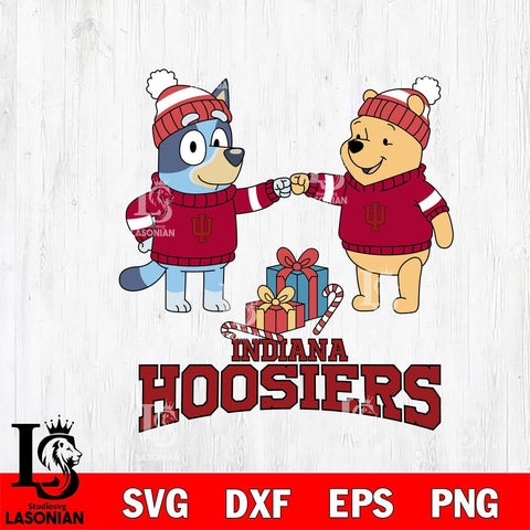 Indiana Hoosiers Bluey With Winnie The Pooh Christmas File Cut, NCAA SVG DXF EPS PNG FILE, Digital Download,Instant Download, Silhouette