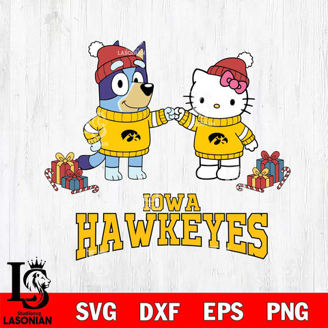 Iowa Hawkeyes Bluey With Hello kitty Christmas File Cut, NCAA SVG DXF EPS PNG FILE, Digital Download,Instant Download, Silhouette