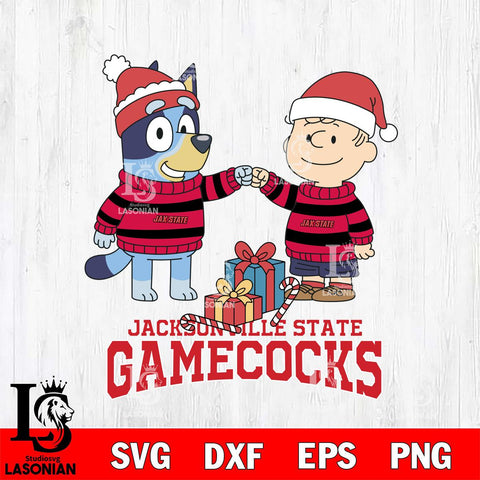 Jacksonville State Gamecocks Bluey With Charlie Brown Christmas File Cut, NCAA SVG DXF EPS PNG FILE, Digital Download,Instant Download, Silhouette