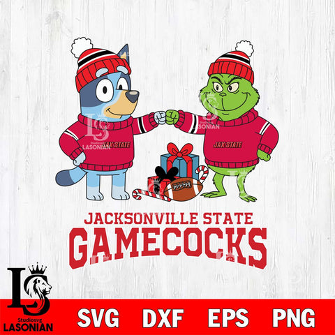 Jacksonville State Gamecocks Bluey With Grinch Christmas File Cut, NCAA SVG DXF EPS PNG FILE, Digital Download,Instant Download, Silhouette