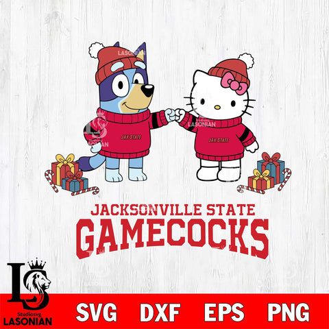 Jacksonville State Gamecocks Bluey With Hello kitty Christmas File Cut, NCAA SVG DXF EPS PNG FILE, Digital Download,Instant Download, Silhouette