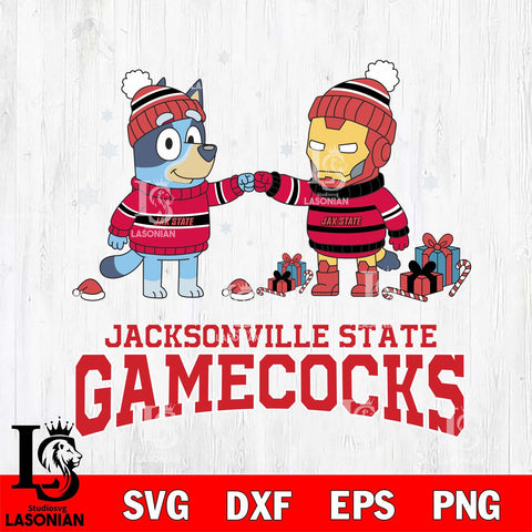 Jacksonville State Gamecocks Bluey With Iron man Christmas File Cut, NCAA SVG DXF EPS PNG FILE, Digital Download,Instant Download, Silhouette