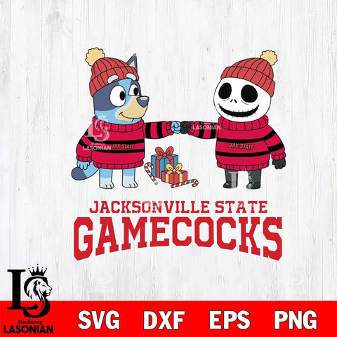 Jacksonville State Gamecocks Bluey With Jack Skellington Christmas File Cut, NCAA SVG DXF EPS PNG FILE, Digital Download,Instant Download, Silhouette
