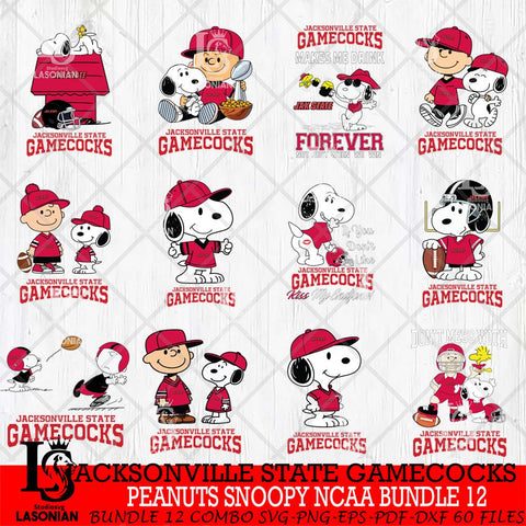 Jacksonville State Gamecocks Peanuts Snoopy Player NCAA Bundle 12 SVG DXF EPS PNG FILE,Snoopy File Cut, bundle NCAA Digital Download,Instant Download, Silhouette