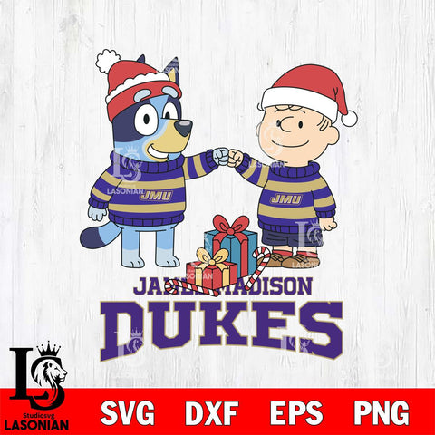 James Madison Dukes Bluey With Charlie Brown Christmas File Cut, NCAA SVG DXF EPS PNG FILE, Digital Download,Instant Download, Silhouette