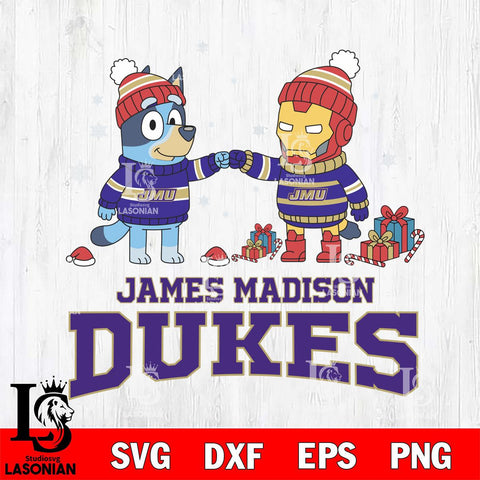 James Madison Dukes Bluey With Iron man Christmas File Cut, NCAA SVG DXF EPS PNG FILE, Digital Download,Instant Download, Silhouette