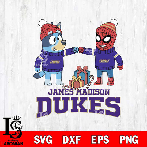 James Madison Dukes Bluey With Spider man Christmas File Cut, NCAA SVG DXF EPS PNG FILE, Digital Download,Instant Download, Silhouette
