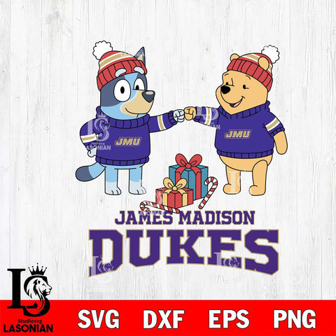 James Madison Dukes Bluey With Winnie The Pooh Christmas File Cut, NCAA SVG DXF EPS PNG FILE, Digital Download,Instant Download, Silhouette