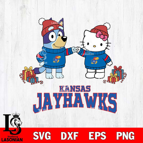 Kansas Jayhawks Bluey With Hello kitty Christmas File Cut, NCAA SVG DXF EPS PNG FILE, Digital Download,Instant Download, Silhouette
