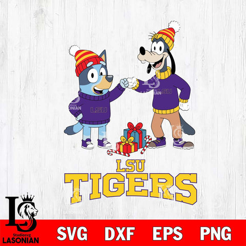 LSU Tigers Bluey With Goofy Christmas File Cut, NCAA SVG DXF EPS PNG FILE, Digital Download,Instant Download, Silhouette