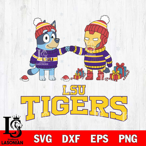LSU Tigers Bluey With Iron man Christmas File Cut, NCAA SVG DXF EPS PNG FILE, Digital Download,Instant Download, Silhouette
