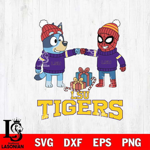 LSU Tigers Bluey With Spider man Christmas File Cut, NCAA SVG DXF EPS PNG FILE, Digital Download,Instant Download, Silhouette