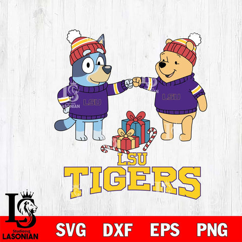 LSU Tigers Bluey With Winnie The Pooh Christmas File Cut, NCAA SVG DXF EPS PNG FILE, Digital Download,Instant Download, Silhouette