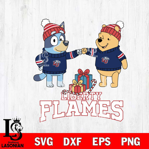 Liberty Flames Bluey With Winnie The Pooh Christmas File Cut, NCAA SVG DXF EPS PNG FILE, Digital Download,Instant Download, Silhouette