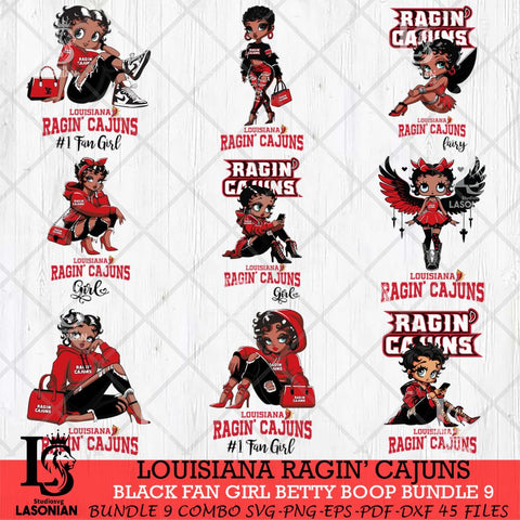 Louisiana Ragin' Cajuns Black Fan Girl Betty Boop Bundle 9, Svg Eps Dxf Png File, Digital Download