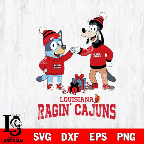 Louisiana Ragin' Cajuns Bluey With Goofy Christmas File Cut, NCAA SVG DXF EPS PNG FILE, Digital Download,Instant Download, Silhouette