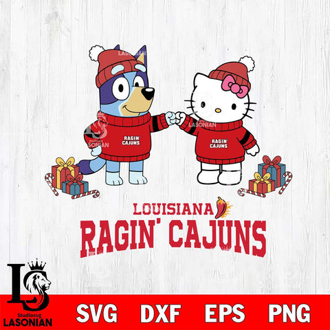 Louisiana Ragin' Cajuns Bluey With Hello kitty Christmas File Cut, NCAA SVG DXF EPS PNG FILE, Digital Download,Instant Download, Silhouette