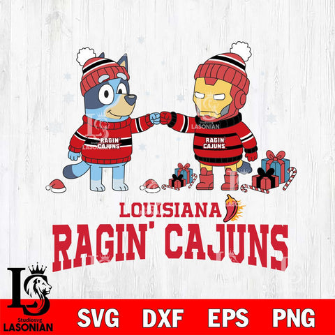 Louisiana Ragin' Cajuns Bluey With Iron man Christmas File Cut, NCAA SVG DXF EPS PNG FILE, Digital Download,Instant Download, Silhouette