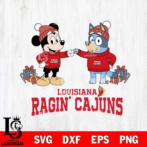 Louisiana Ragin' Cajuns Bluey With Mickey Christmas File Cut, NCAA SVG DXF EPS PNG FILE, Digital Download,Instant Download, Silhouette