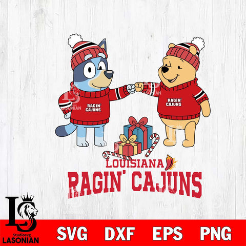 Louisiana Ragin' Cajuns Bluey With Winnie The Pooh Christmas File Cut, NCAA SVG DXF EPS PNG FILE, Digital Download,Instant Download, Silhouette