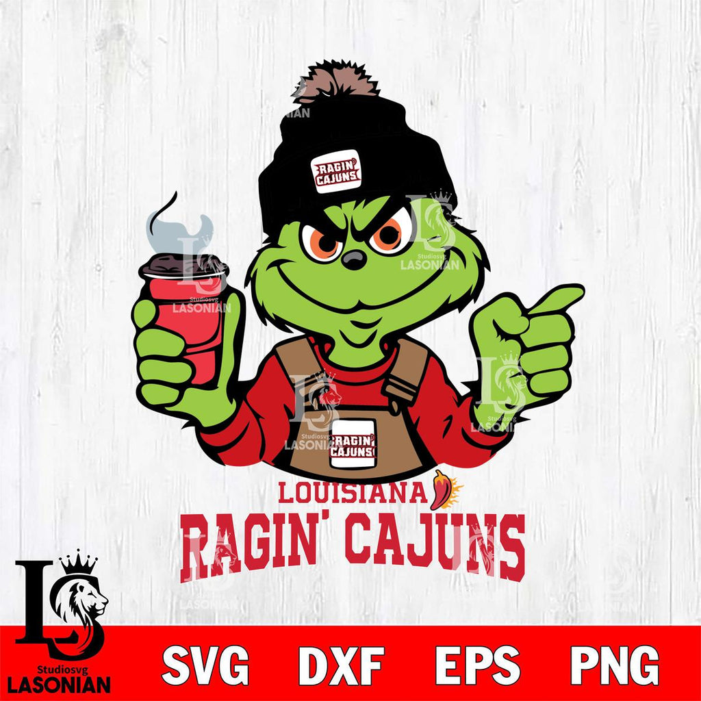 Louisiana Ragin' Cajuns Grinch with coffee – lasoniansvg