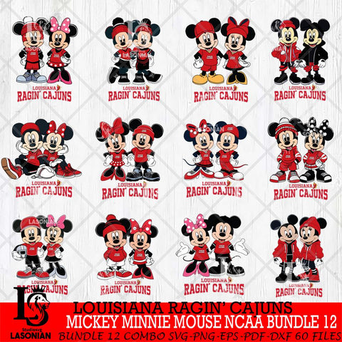 Louisiana Ragin' Cajuns Mickey Minnie Mouse NCAA Bundle 12 Svg Eps Dxf Png File, Bundle NCAA svg , File Cut , Digital Download , Instant Download, Cut Svg Files
