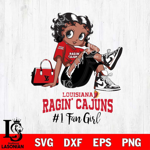 Louisiana Ragin' Cajuns #1 Black Fan Girl Betty Boop, Svg Eps Dxf Png File, Digital Download