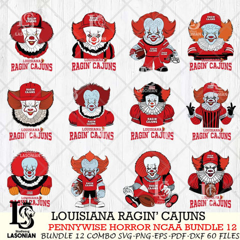 Louisiana Ragin' Cajuns  Pennywise Horror NCAA Bundle 12 SVG Svg Eps Dxf Png File, Digital Download