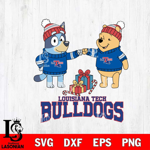 Louisiana Tech Bulldogs Bluey With Winnie The Pooh Christmas File Cut, NCAA SVG DXF EPS PNG FILE, Digital Download,Instant Download, Silhouette