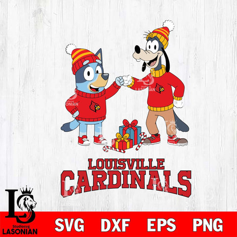 Louisville Cardinals Bluey With Goofy Christmas File Cut, NCAA SVG DXF EPS PNG FILE, Digital Download,Instant Download, Silhouette