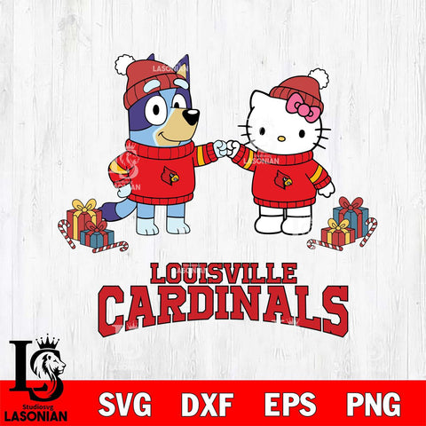 Louisville Cardinals Bluey With Hello kitty Christmas File Cut, NCAA SVG DXF EPS PNG FILE, Digital Download,Instant Download, Silhouette