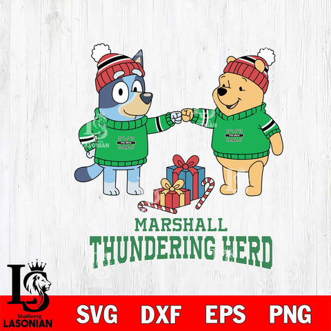 Marshall Thundering Herd Bluey With Winnie The Pooh Christmas File Cut, NCAA SVG DXF EPS PNG FILE, Digital Download,Instant Download, Silhouette