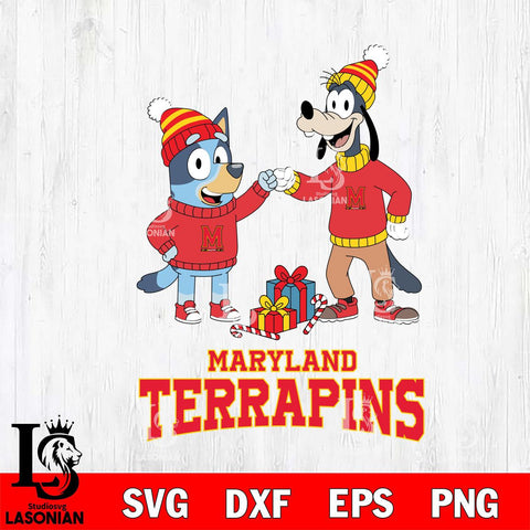Maryland Terrapins Bluey With Goofy Christmas File Cut, NCAA SVG DXF EPS PNG FILE, Digital Download,Instant Download, Silhouette