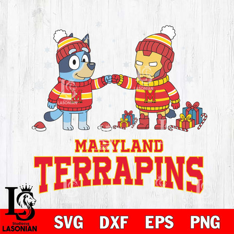 Maryland Terrapins Bluey With Iron man Christmas File Cut, NCAA SVG DXF EPS PNG FILE, Digital Download,Instant Download, Silhouette