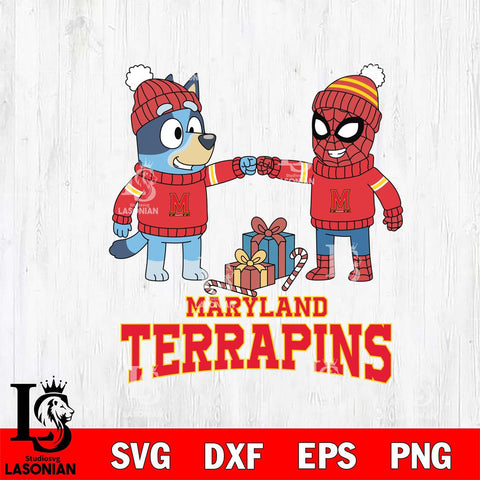 Maryland Terrapins Bluey With Spider man Christmas File Cut, NCAA SVG DXF EPS PNG FILE, Digital Download,Instant Download, Silhouette